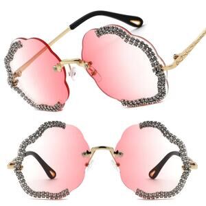 Elegant Gold Geometric Sunglasses Womens Trendy Scalloped Rimless Rhinestone